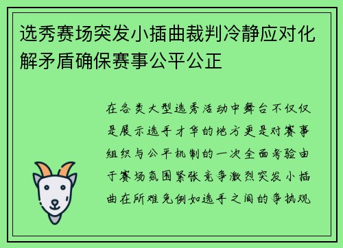 选秀赛场突发小插曲裁判冷静应对化解矛盾确保赛事公平公正 选秀赛场突发小插曲裁判冷静应对化解矛盾确保赛事公平公正