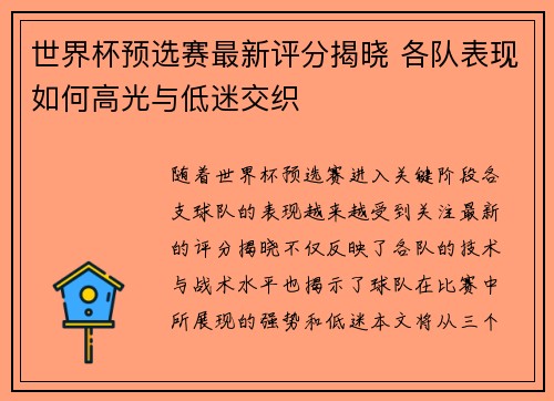 世界杯预选赛最新评分揭晓 各队表现如何高光与低迷交织