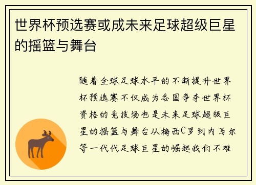 世界杯预选赛或成未来足球超级巨星的摇篮与舞台